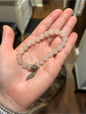 Clear Quartz Beaded Stretch Bracelet with Silver Leaf Charm